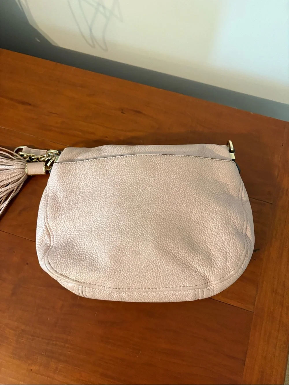 Michael Kors Blush Pink Pebbled Leather Shoulder Bag Tassel Gold Chain
